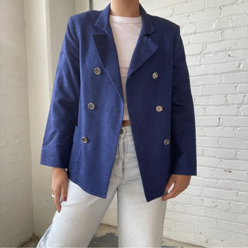 Balenciaga Denim Blue Linen Double Breasted Blazer Jacket - Picture 1 of 5